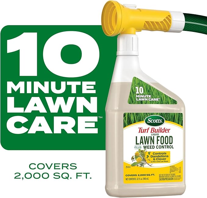 Scotts Turf Builder Liquid Lawn Food Plus Weed Control - Weed and Feed Spray, Controls Dandelions, Clover, and Others as Listed, 32 fl. oz.