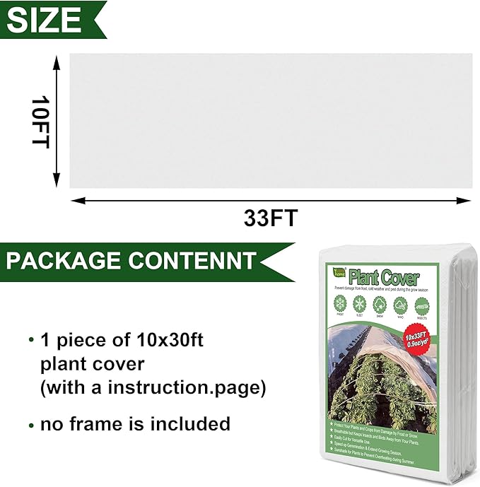 Plant Covers Freeze Protection, 10x33FT 0.9oz/yd² Winter Floating Row Covers, Frost Cloth Blanket Shade Cloth Garden Fabric Plant Cover for Raised Beds Vegetables Insect Winter Frost