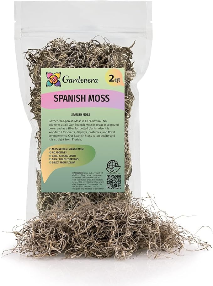 Gardenera Premium Natural Spanish Moss | Natural Preserved - Great Ground Cover - Filler for Potted Plants - 2 Quart Bag (GRD-SPANISH-MOSS-2QT)