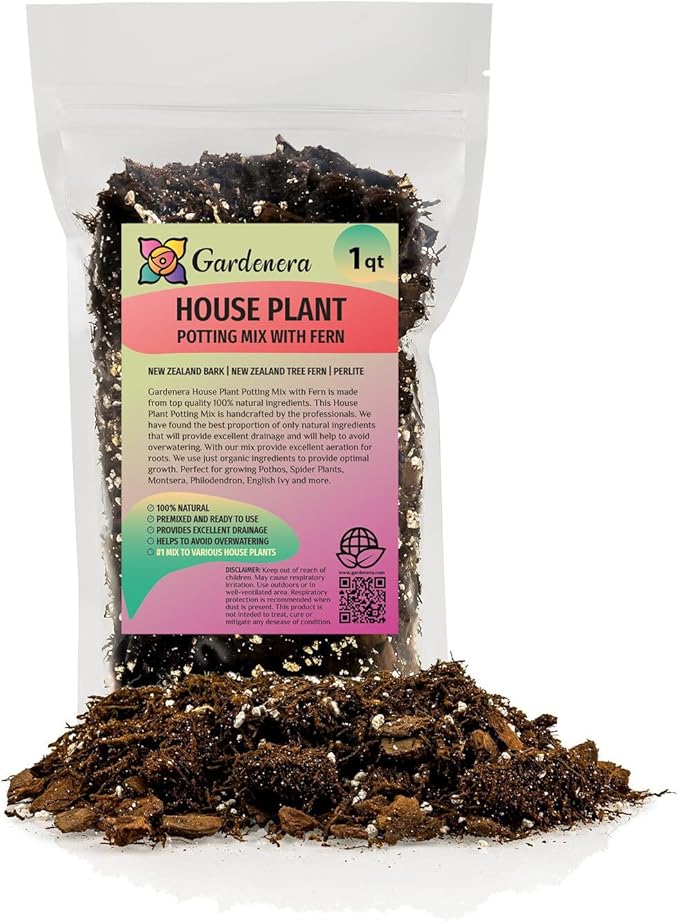 Premium Gardenera House Plant Potting Mix | Fern + New Zealand Bark + Perlite | Great for Pothos, Spider Plants, Montsera, Philodendron, English Ivy - 1 Quart Bag