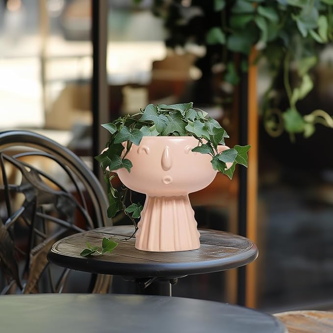 Face Flower Pots - 7 Inch Ceramic Pots for Plants Indoor Outdoor, Decorative Head Planter, Small Cute Succulent Planters with Drainage Hole, Room House Decor, Gifts for Plant Lover, Matte Pink