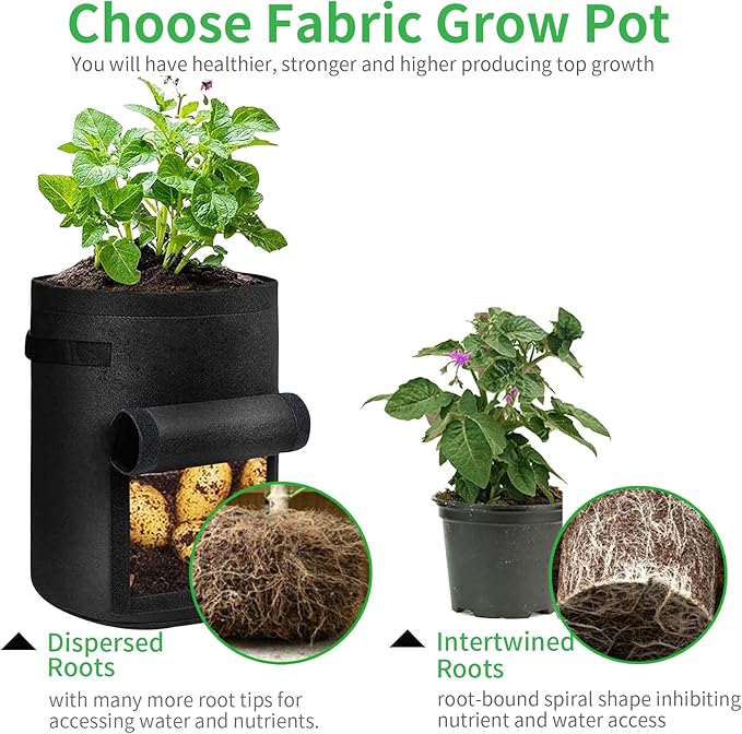 JJGoo 4 Pack Potato Grow Bags 10 Gallon with Flap, Heavy Duty Fabric with Handle and Harvest Window, Non-Woven Planter Pot Plant Garden Bags to Grow Vegetables Tomato, Black