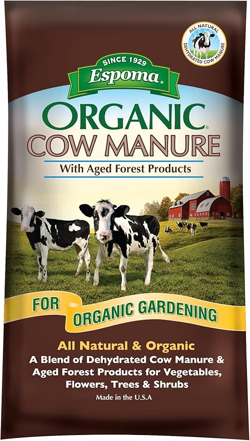 Espoma Organic Cow Manure with Aged Forest Products - 1 Cubic Foot Bag. Soil Amendment & Fertilizer for use When Planting Vegetables, Flowers, Trees & Shrubs.