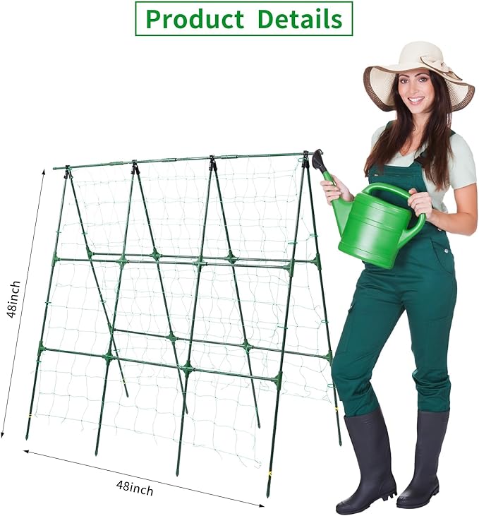 Cucumber Trellis, 50x48 inch A-Frame Garden Trellis for Climbing Plants Outdoor Support for Vegetable Vine Tomato Cucumber Trellis Raised Bed, with Netting, Green
