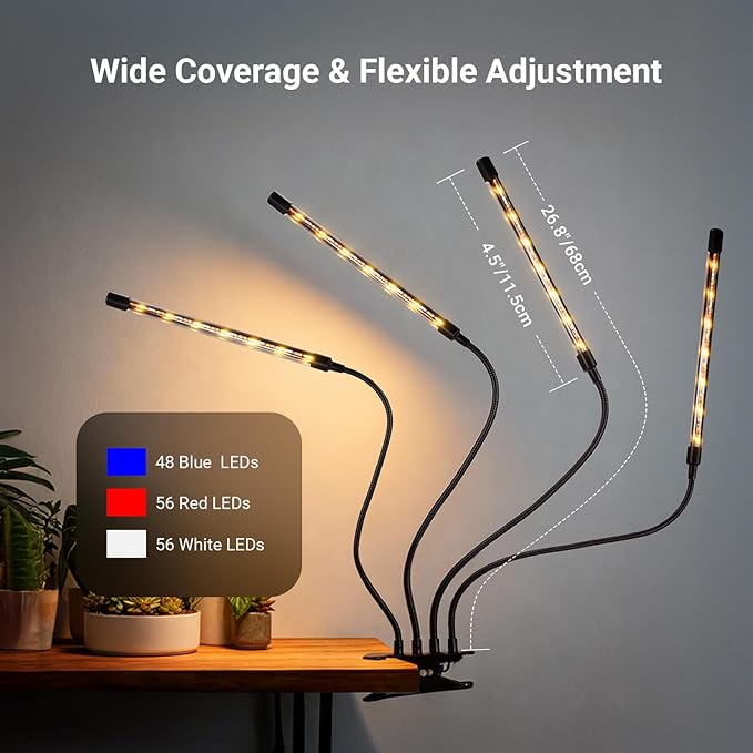 NEEWER ENTRY LEVEL VERSION Four Bar Grow Lights for Indoor Plants, Full Spectrum Clip Plant Growing Lamp with 160 Blue, Red, White LEDs, 3/9/12H Timer, Dimmable for Gardening Seed Starting Bonsai, N30