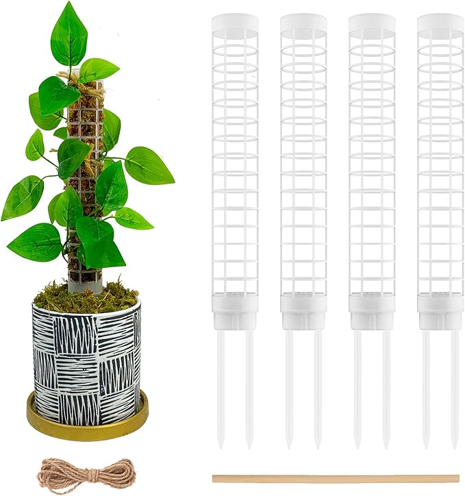 Small Moss Pole for Monstera - Stackable & Refillable Plastic Moss Poles for Climbing Plants with Large Mesh Design (4Pack-White-Small)