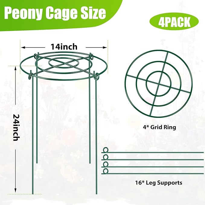 4 Pack Peony Cages and Supports, 14" Dx24 H Plant Supports for Outdoor Plants, Heavy Duty Metal Peony Support Cage Flower Support Rings, Plant Support Ring for Rose Tomato Hydrangea Strawberry