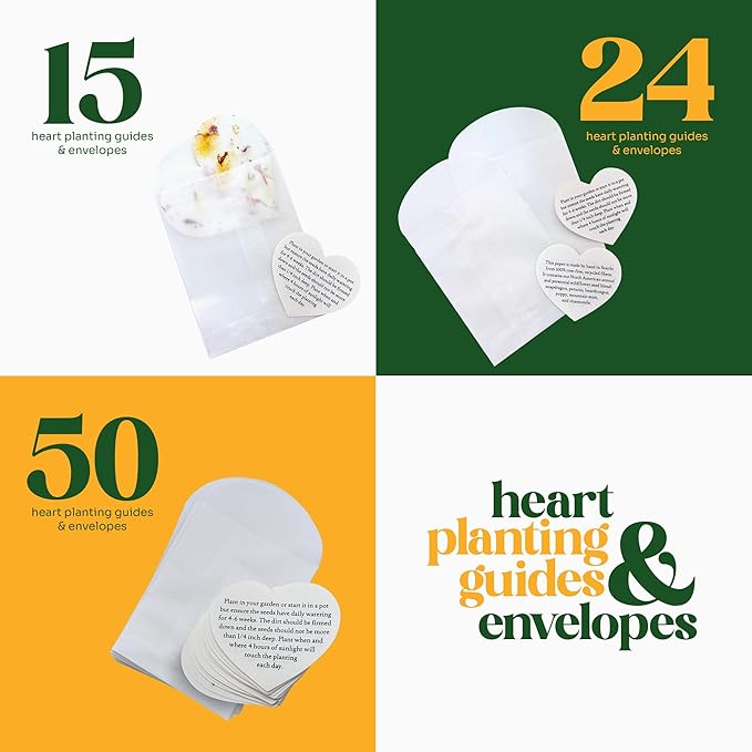 Seed Bloom 15 Sets of Heart Planting Guide with Glassine Envelopes – Perfect for Seed Paper Products, Wedding Favors, and Gift Sets