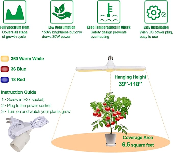 xingruyu 2 Pack 150W LED Grow Light Bulb Foldable Sunlike Full Spectrum Grow Light for Indoor Plants, 414 LEDs Sunlike Plant Light with Power Cord, E27 Plant Lamp for Flowers,Greenhouse Hydroponic