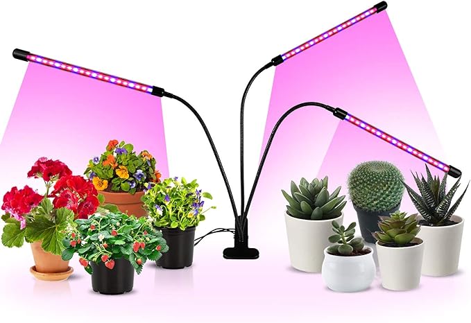 iPower LED Grow Light with Full Spectrum for Indoor Plants, Adjustable Gooseneck, 2/3 Light Modes&5/10 Dimmable Levels, 3 Auto Timing Modes, 3 Tubes, Red&Blue