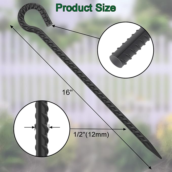 16 Inch Rebar Ground Stakes with Loop 1/2 inch Diameter Steel Tent Stakes (12 pcs), Heavy Duty Tree Stakes and Supports, Dog Tie Out Stakes, Metal Spikes for Outdoor Camping and Yard, Black