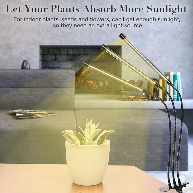 iPower LED Grow Light with Full Spectrum for Indoor Plants, Adjustable Gooseneck, 2/3 Light Modes&5/10 Dimmable Levels, 3 Auto Timing Modes, 3 Tubes, Yellow