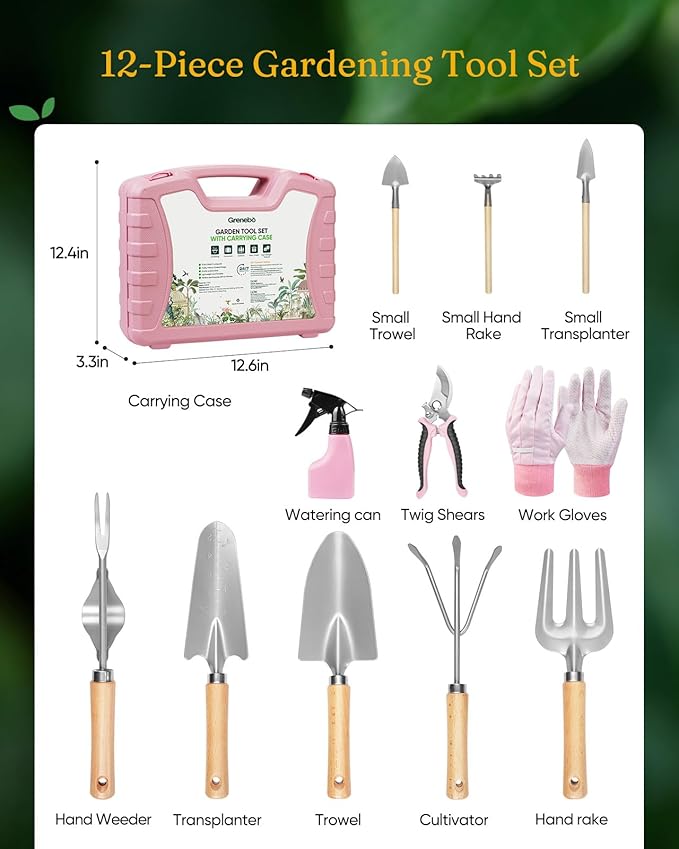 12-Piece Womens Gardening Tools Gift Set, Rust-Proof & Heavy-Duty Garden Tools with Durable Carrying Case, Fashionable & Thoughtful Gardening Gifts for Women&Men (Pink-Silver)