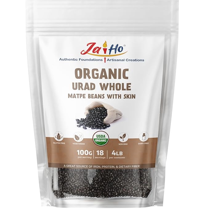 Jai Ho Certified Organic Urad Daal 4 lb | Matpe Beans with Skin | Indian Urad Whole | USDA Organic | Non-GMO | Chemical-Free | (4 Pound, Urad Whole (Matpe Beans with Skin))