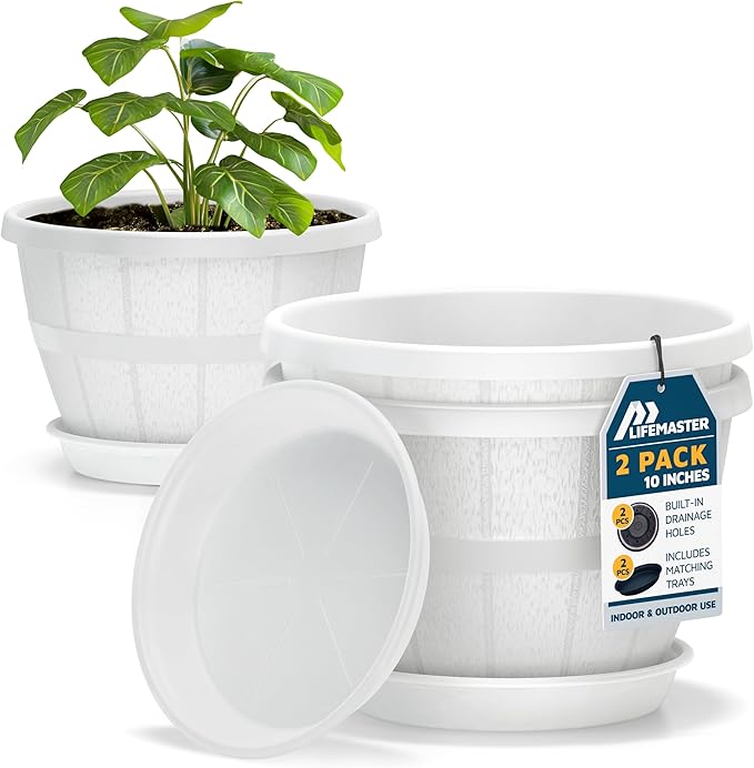 10-Inch Whiskey Barrel Planters Outdoor Pack of 2 - Durable Plastic Plant Pots for Indoor & Outdoor Use with Drainage & Saucer, Lightweight Rustic Barrel Planters for Flowers, Herbs & Small Plants