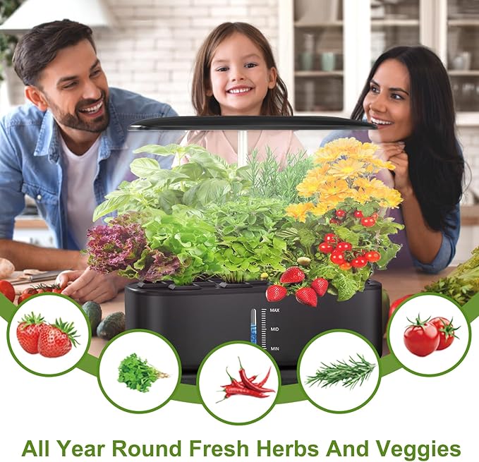 Indoor Garden Hydroponics Growing System, Herb Garden Kit Indoor with LED Grow Light Quiet Smart Water Pump Automatic Timer Healthy Fresh Herbs Vegetables - Hydroponic Planter for Home Kitchen Office