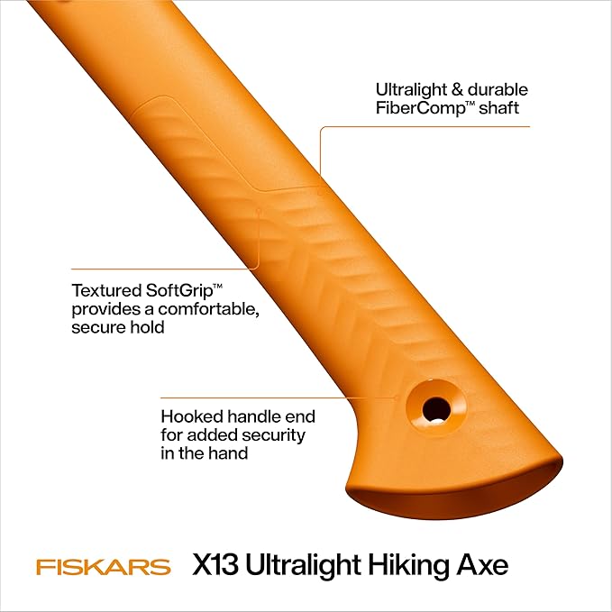 Fiskars X13 Ultralight Hiking Axe 13", Ultra-Sharp Forged Steel Blade for Efficient Chopping & Camping, 15% Lighter High-Visibility Orange FiberComp Handle Drives Tent Stakes, Sheath Included