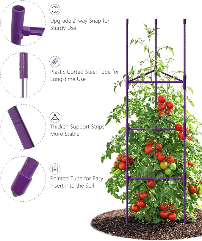 Growsun 51 inch Tomato Cage Heavy-Duty Plant Support Cucumber & Vine Vegetables – Adjustable Green Metal Garden Trellis for Climbing Plants, Indoor & Outdoor Use, 6 Pack
