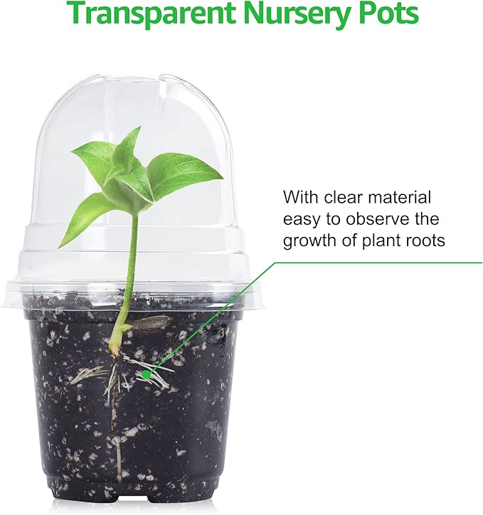 Bonviee 30 Sets Plant Nursery Pots with Humidity Domes, 4 Inch Clear Nursery Pots (30 Pots + 30 Clear Lids), Seed Starter Pots Small Planter Containers with Drain Holes with 10 Plant Labels- Clear