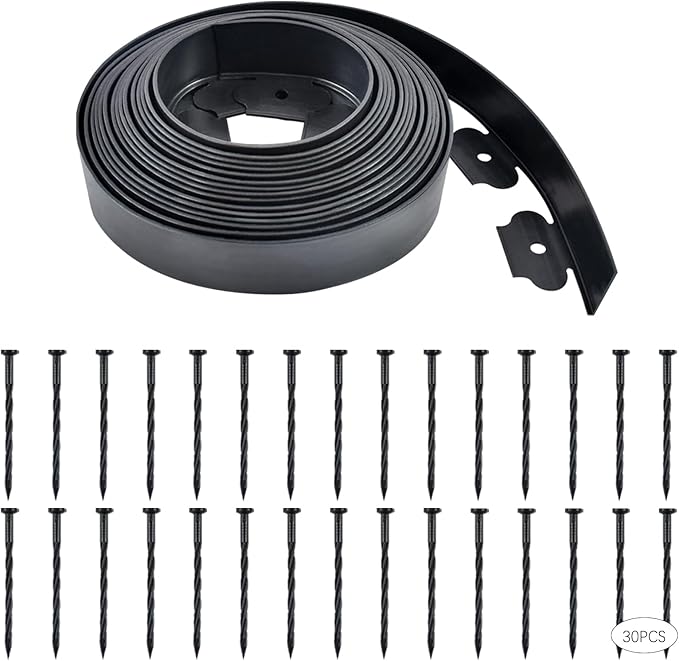 Garden Edging 30ft Black Landscape Edging, 30 Spikes for Lawn 2 Inch Tall