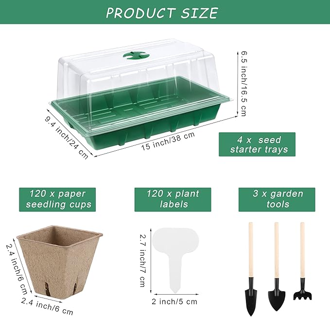 Hahood 4 Pack Seed Starter Tray Kit, 120 Square Seed Peat Pots for Seedlings with Plants Labels, Planting Tools, Plastic Growing Germination Trays with Lids for Indoor Outdoor Gardening, Green