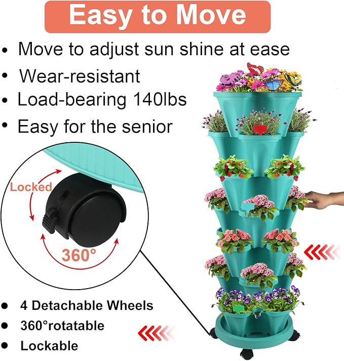 GameXcel Vertical Planter, 7 Tier Stackable Strawberry Planter with Garden Tool Set, Movable Indoor/Outdoor Garden Herb Pot for Growing Vegetables and Succulents, Teal