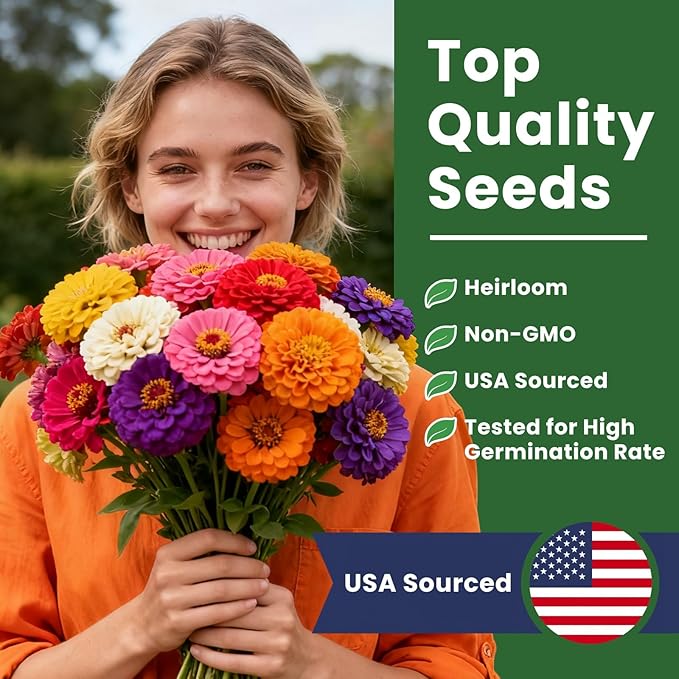 PLANTMEW 1000+ Zinnia Seeds Flower Seeds for 2026 Planting, 0.35 Oz, 5 Varieties (Pink, Yellow, Orange, White, Purple), 10G Mixed Colors and Large Blooms, Open Pollinated - Bulk (0.35 Ounce Pouch)