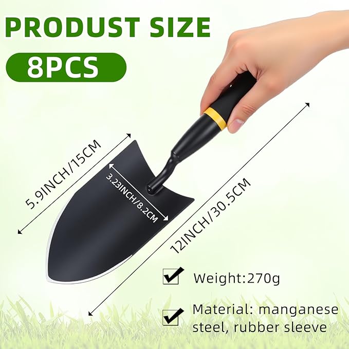 8 Pcs Garden Hand Trowel Heavy Duty Carbon Steel Garden Shovels Tools with Resin Rubberized Handle for Camping, Digging, Soil Planting, Transplanting, Lawn Yard Farm (Broad Shovels)