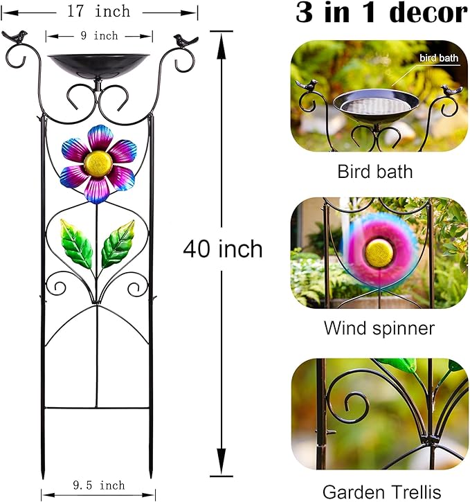 Bird Bath with Trellis Outdoor - 40" Antique Iron Free Standing with 9" Detachable Basin, Spinning Flower Windmill & Birdfeeder Station for Garden Decor