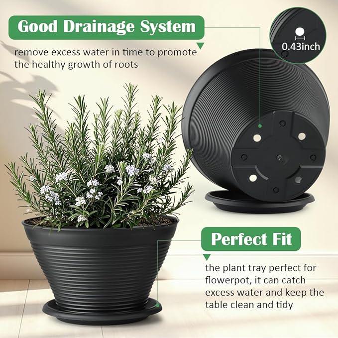 4 Pack 12 Inch Plant Pots with Saucers, Plastic Flower Pots with Drainage Holes, Large Planters for Indoor Outdoor Garden, House Plants, Flowers, Herbs, Gardening Gifts, Black