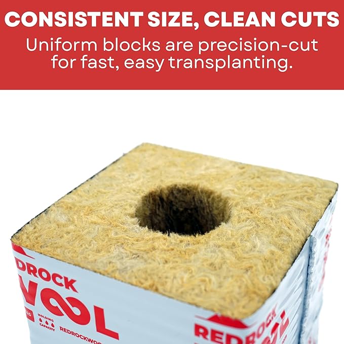 Redrock 4 inch Rockwool Cubes – 4" x 4" Stone Wool Starter Blocks with 42/40 Hole | 6-Pack | for Hydroponics & Indoor Growing | Includes Twin Canaries Chart