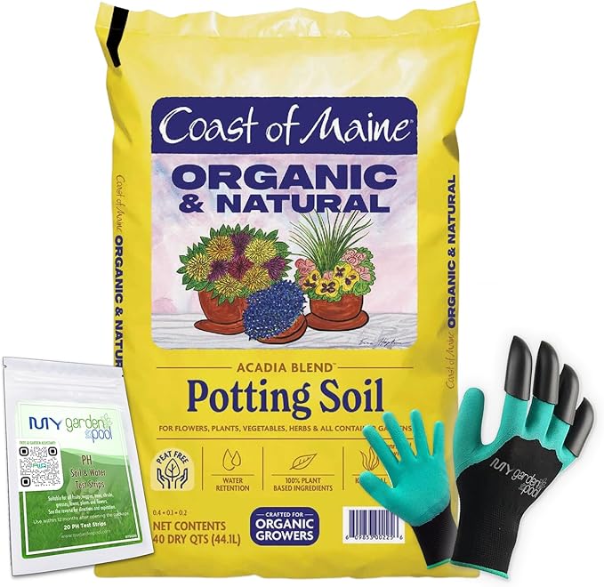 Coast of Maine AC3501 Acadia Peat-Free Potting Soil 40 qt with My Garden Pool 7-in-1 Soil Test Strips, 20 ct. and Claw Gardening Gloves
