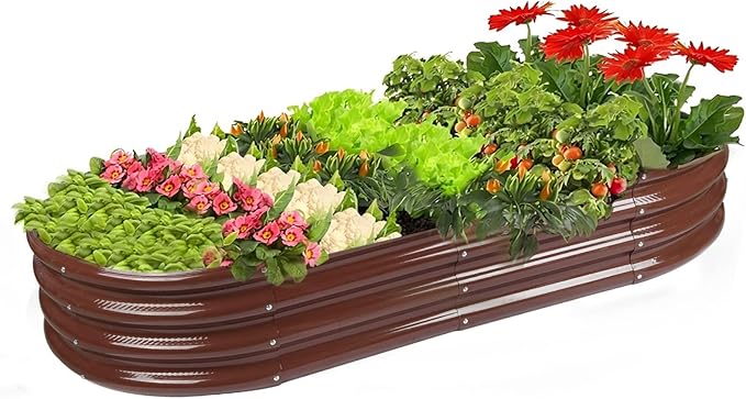 Raised Garden Bed GRS Certified Galvanized Planter Box Outdoor, 5ft Oval Rot-Resistant Metal Garden Bed Planter, Recycled Material Planter for Vegetables Flowers Herbs (Brown)