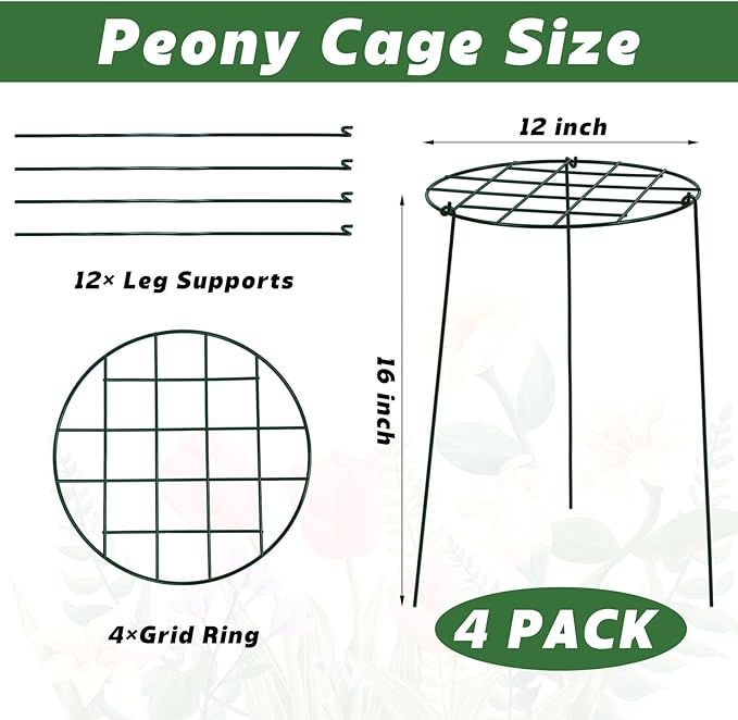 4 Pack Round Peony Cages and Supports 12 x 16 Inches (D x H) Grow Through Grid Plant Brace Plant Support Stake Heavy Duty Metal Flower Support Rings for Rose Tomato Hydrangea Strawberry