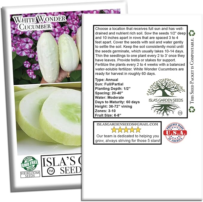White Wonder Cucumber Seeds – 50+ Heirloom Non-GMO Seeds by Isla’s Garden Seeds, Crisp & Mild Flavor, High-Yield Variety, Perfect for Home Gardens, Easy to Grow, Great for Fresh Eating & Pickling