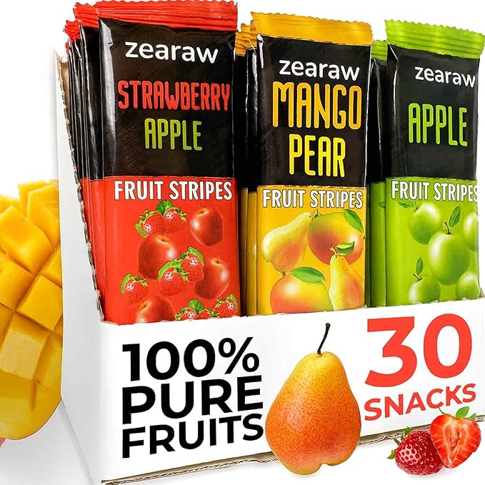 ZEARAW Healthy Fruit Snacks for Adults and Kids – 30 Fruit Leather with Dried Apple, Apple-Strawberry, Pear-Mango – Vegan Low-Carb Variety Pack Strips for Kids – Sugar Free Bars