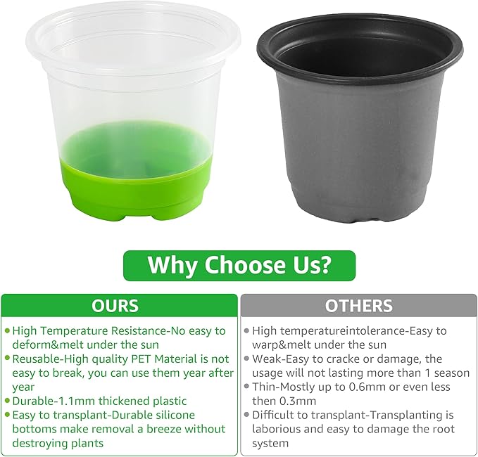 MIXC Thickened Clear Nursery Pots with Silicone Base for Easy Transplant 30 Packs 3.5 Inch, Transparent Plant Pot Reusable Seedling Pots for Vegetable Propagation, Root Cutting, Seed Starting, Green