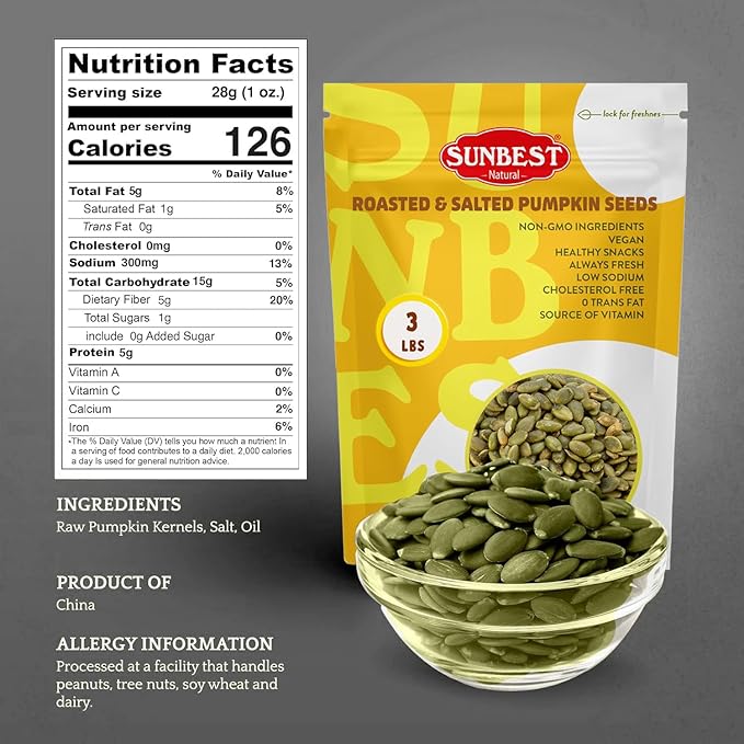 Sunbest Natural Pumpkin Seeds, 3 lbs – Roasted & Salted – Whole Pepitas, Shelled Pumpkin Seeds, Vegan and Kosher Snacks