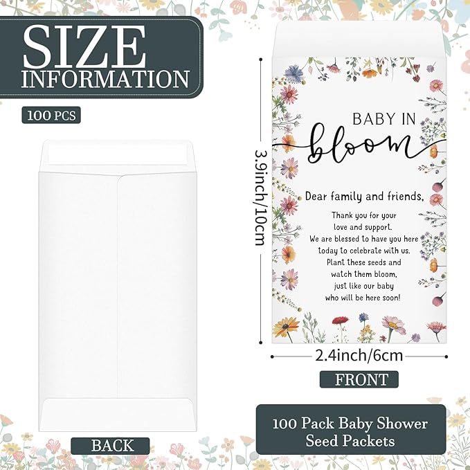 Maitys 100 Pcs Baby Shower Seed Packets Favors for Guests Baby in Bloom Wooden Sign Self Adhesive Envelopes Packet Storage Decor, No Seeds(Boho Wildflowers)
