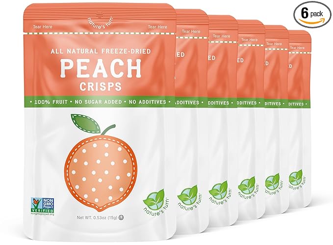 Nature’s Turn Freeze-Dried Peach Crisps – Healthy, Gluten-Free, Crispy & Delicious, Plant-Based Snack, Ideal for Cereal, Smoothies, School Lunches, & On-the-Go, Bags of 6 (0.53 oz Each)