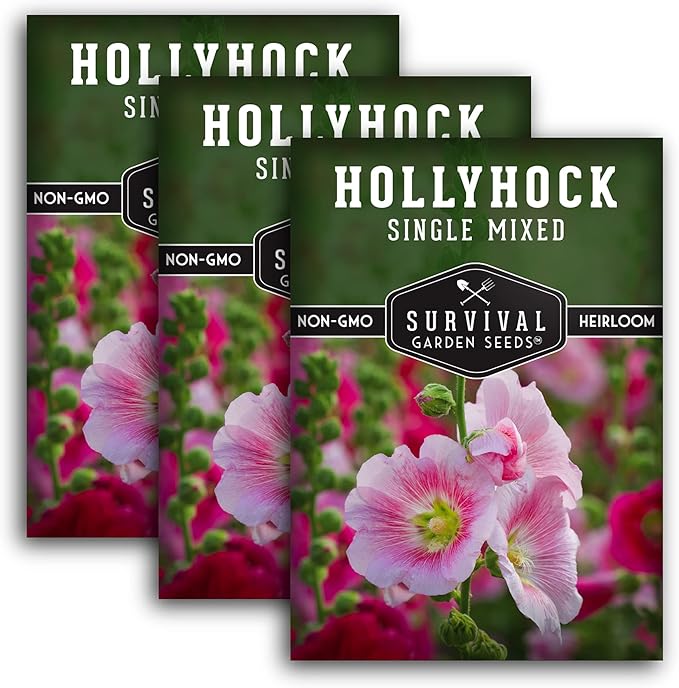 Single Mixed Hollyhock Seeds for Planting - Plant & Grow Colorful Tall Spikes of Flowers in Your Home Vegetable Garden - Non-GMO Heirloom Variety - Survival Garden Seeds (3 Packs)