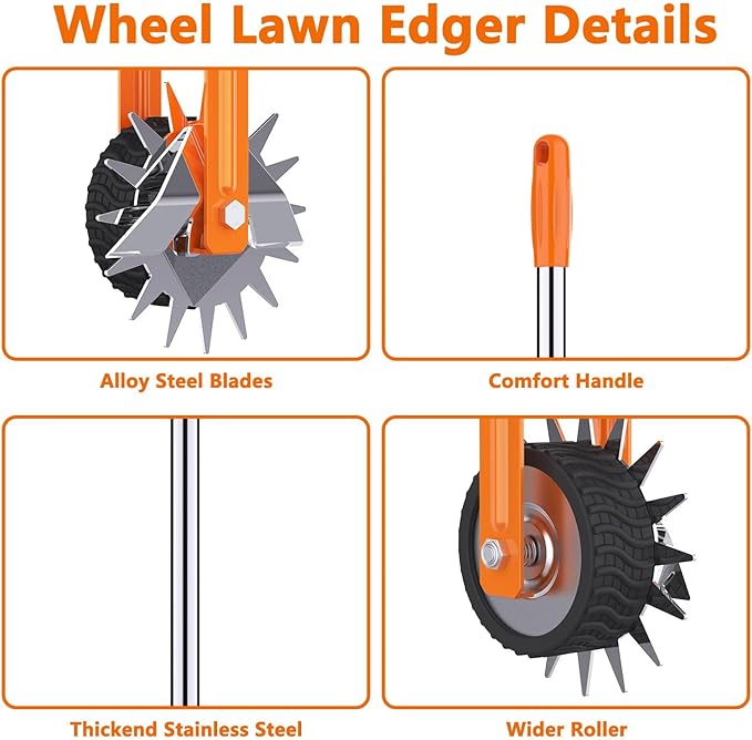 Edger Lawn Tool - 67 inch Wheel Rotary Lawn Edger with Adjustable Stainless Steel Handle, Grass Edge Trimmer for Sidewalks, Driveways & Landscaping (Orange)