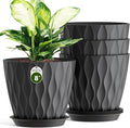 8" Water Wave Plant Pots with Drainage Holes & Saucers, 4 Pack Modern Textured Medium Planters for Indoor Outdoor Plants, Decorative Flower Pots Repotting Set for Flowers, Herbs (Black)