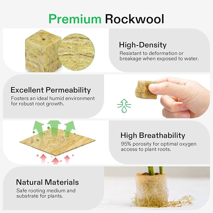 VIVOSUN 72 Rockwool Cubes & Net Pots Set for Hydroponics, 1.2” x 1.2” x 1.6” Cubes, 72 Plugs & 72 2” Net Cups for Hydroponic Growing, Seed-Starting, Cloning, Tower Gardens