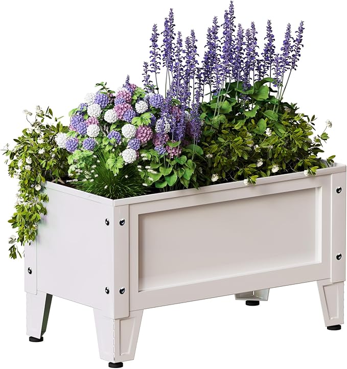 Raised Garden Bed with Detachable Legs Elevated Metal Planter Box for Growing Fresh Herbs Vegetables Flowers Succulents&Other Plants for Outdoor Backyard Patio (White - Low Height)