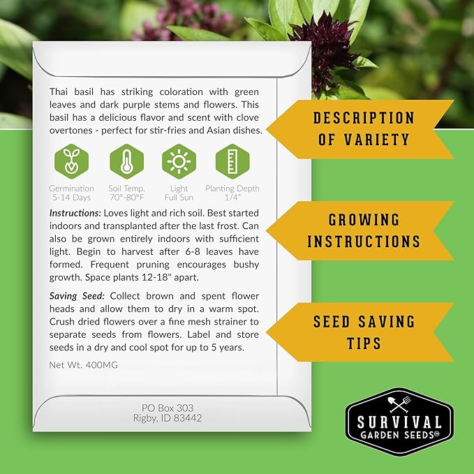 Survival Garden Seeds - Thai Basil Seed for Planting - 1 Packet with Instructions to Plant and Grow Asian Basil Indoors or Outdoors in Your Home Vegetable Garden - Non-GMO Heirloom Variety