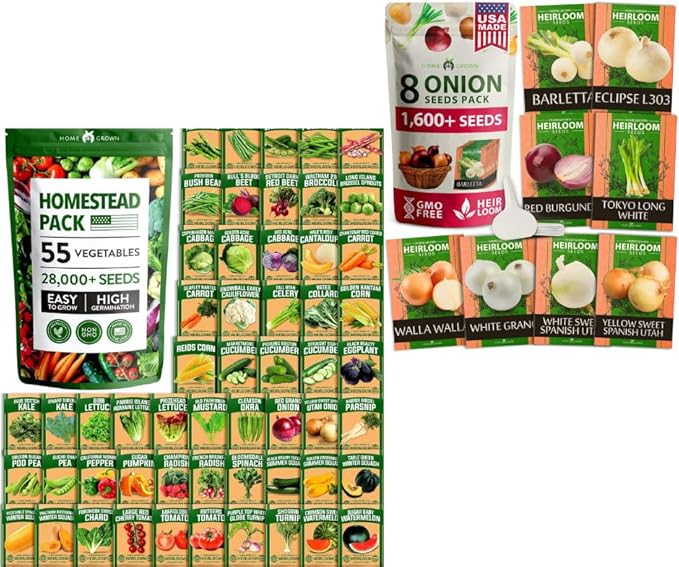 HOME GROWN 𝗨𝗦𝗔 𝗣𝗥𝗘𝗠𝗜𝗨𝗠 55 Vegetable Seeds Pack 28,000 & HOME GROWN 𝗨𝗦𝗔 𝗣𝗥𝗘𝗠𝗜𝗨𝗠 8 Onion Seeds for Planting – 1,600 Heirloom 𝗡𝗢𝗡-𝗚𝗠𝗢