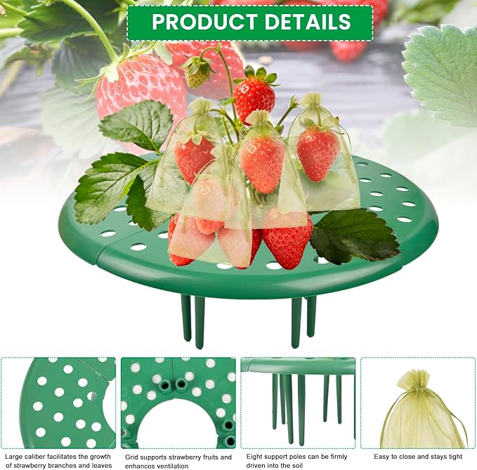 ChezMax 4 Pack Strawberry Plant Support - Strawberry Holder with 100 Pcs Green Mesh Protects, Strawberrys Supports for Garden, Strawberrys Trellis Stand with 32 Legs, Plant Pot Stand Protection