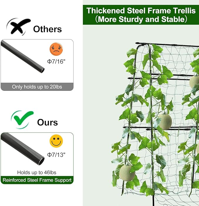 Cucumber Trellis for Raised Bed, 5x5ft Metal Garden Trellis Climbing Plants Outdoor Tomato Plant Support Grape Vegetables Squash Bean Pea Cucumber Trellis, with Netting, Black