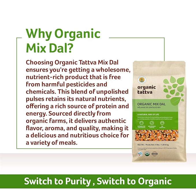 Organic Tattva Mix Dal (4 lbs) - Unpolished Lentils Organic, Gluten Free, Vegan & Kosher - High Protein Split Beans, Peas, Lentils Dry Mix - Pure Plant Based Nutrition - USDA Certified Legumes